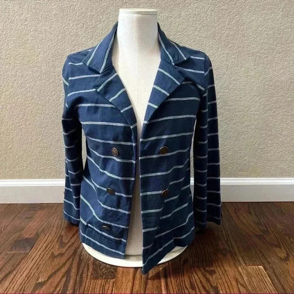 Billabong Lightweight Open Blazer Jacket Navy Blue/White Striped Women Sz Large - Picture 3 of 14